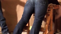 Caned over tight jeans Daddy boy