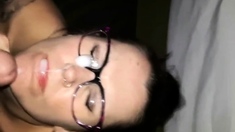 Husband fucks girl and cums on her glasses