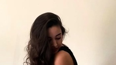 Sexy brunette babe in lingerie and stockings toys pussy