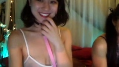 Horny amateur masked Asian teen toying on webcam show