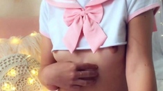 Sexy brunette wearing stockings masturbates webcam